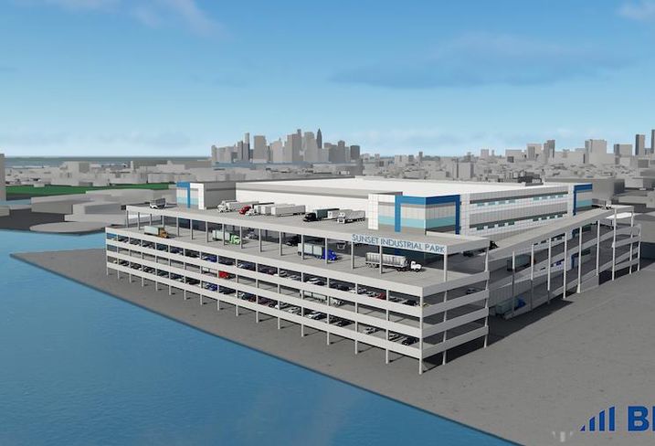 A rendering of Sunset Industrial Park, a four-story, 1.3M SF warehouse planned in Brooklyn
