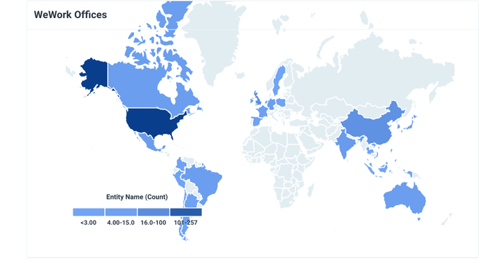 A heat map of where WeWork has the most offices.