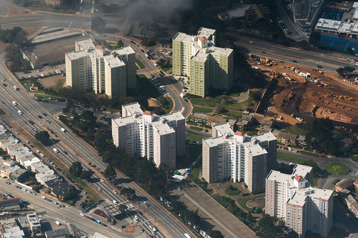 An aerial shot of the apartment towers at Parkmerced